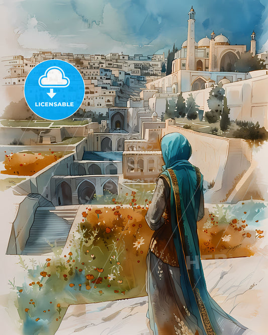Vibrant Painting of a Cityscape with a Woman in a Blue Scarf, Depicting Modern Architecture, White Marble Buildings, and a Flower Garden in Traditional Figurative Art Style