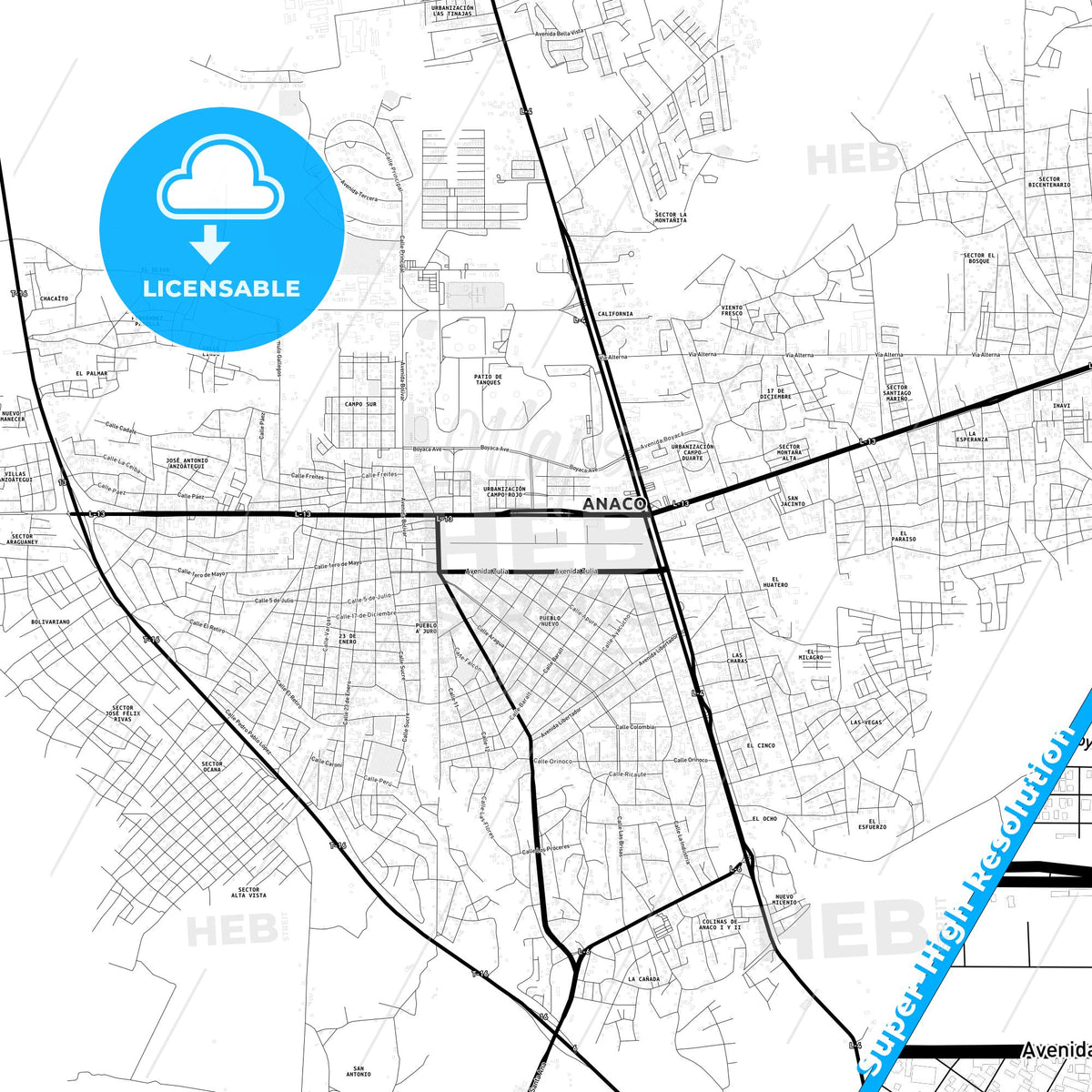 Anaco, Venezuela Light Map with Street Names, City Names, and Districts