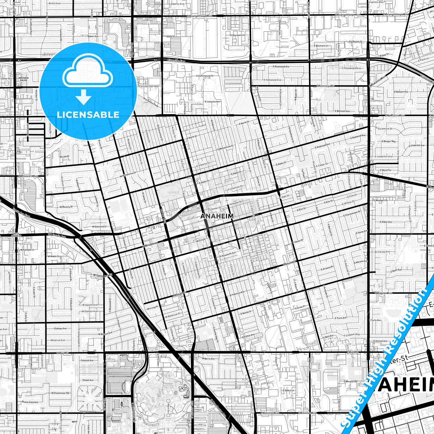 Anaheim, California Light Map with Street Names, City Names, and Districts