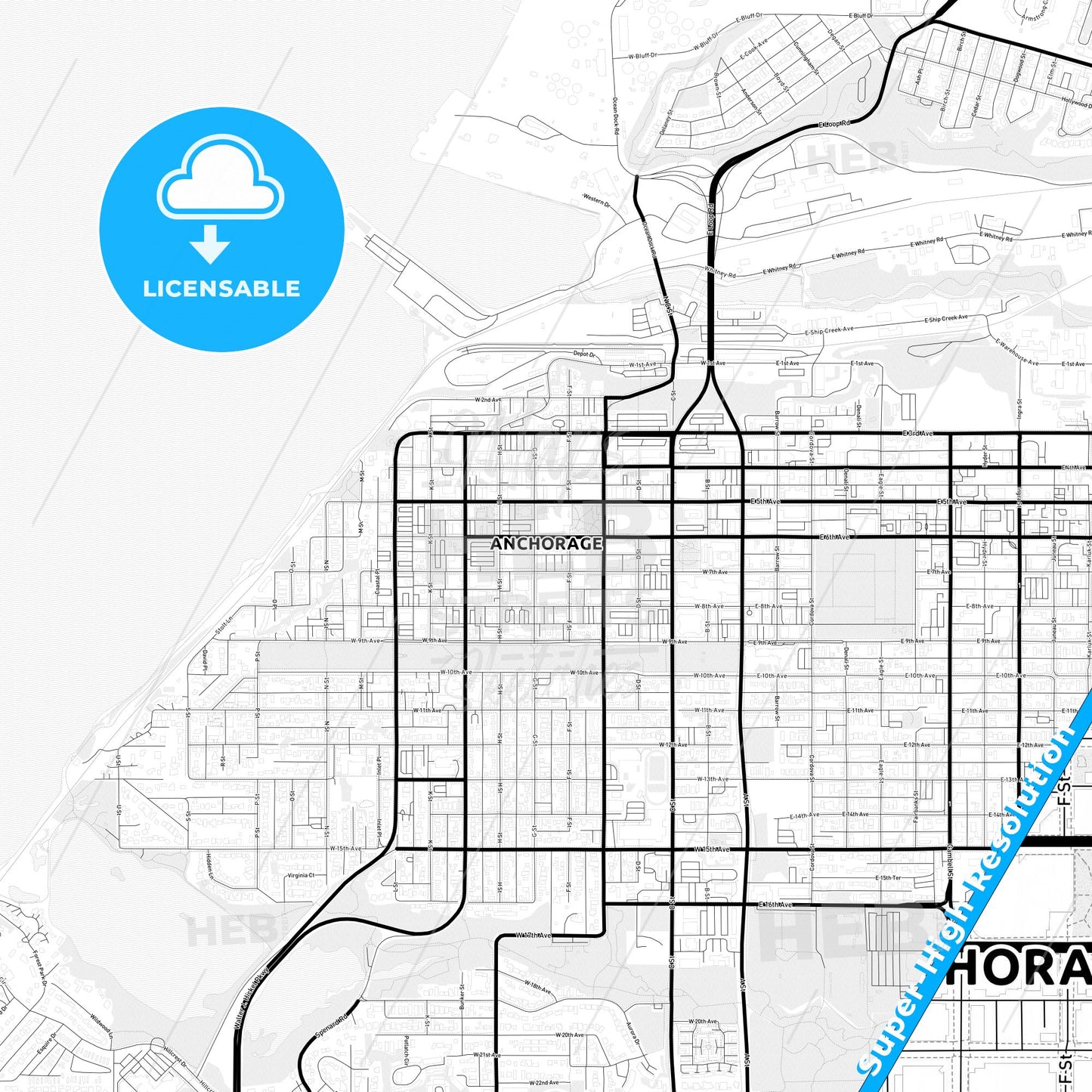 Anchorage, Alaska Light Map with Street Names, City Names, and Districts
