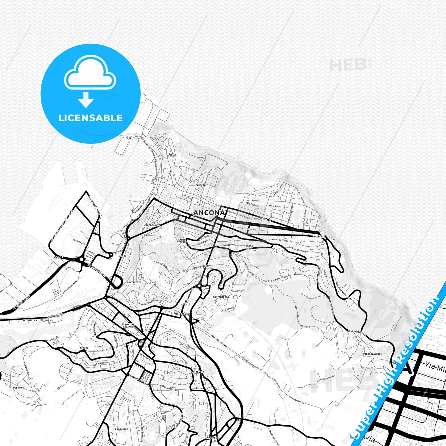 Ancona, Italy Light Map with Street Names, City Names, and Districts
