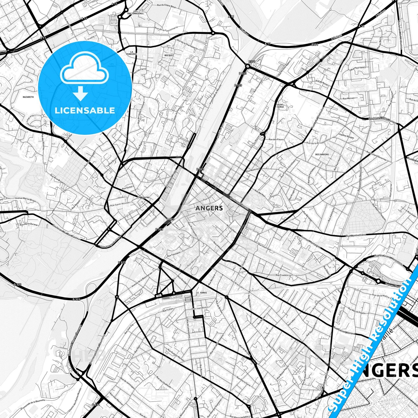 Angers, France Light Map with Street Names, City Names, and Districts