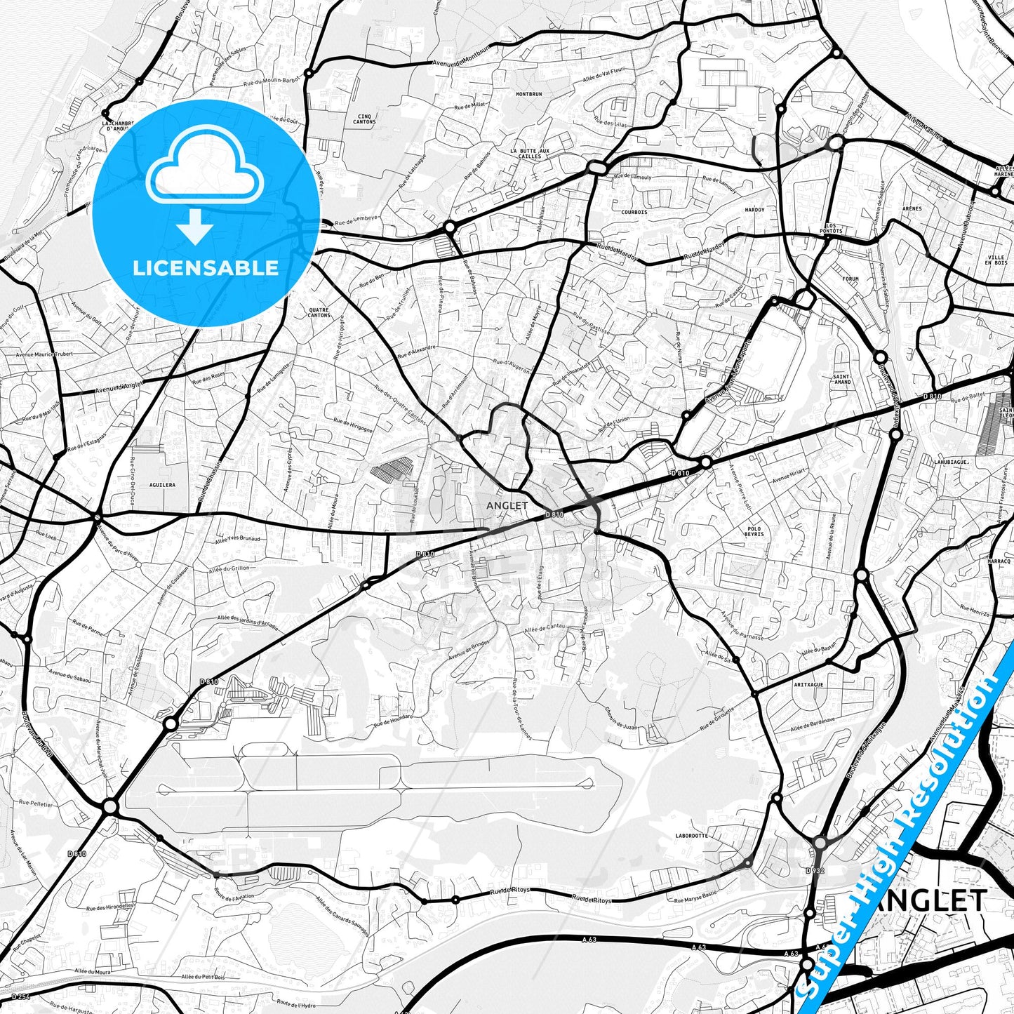 Anglet, France Light Map with Street Names, City Names, and Districts