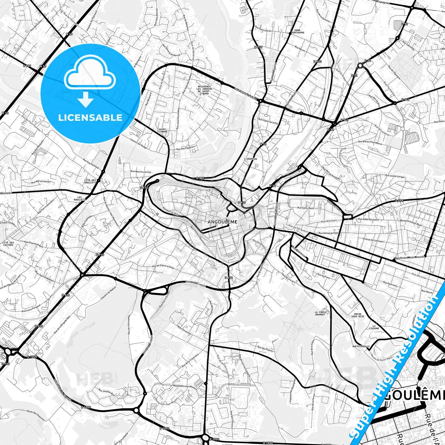 Angoulême, France Light Map with Street Names, City Names, and Districts
