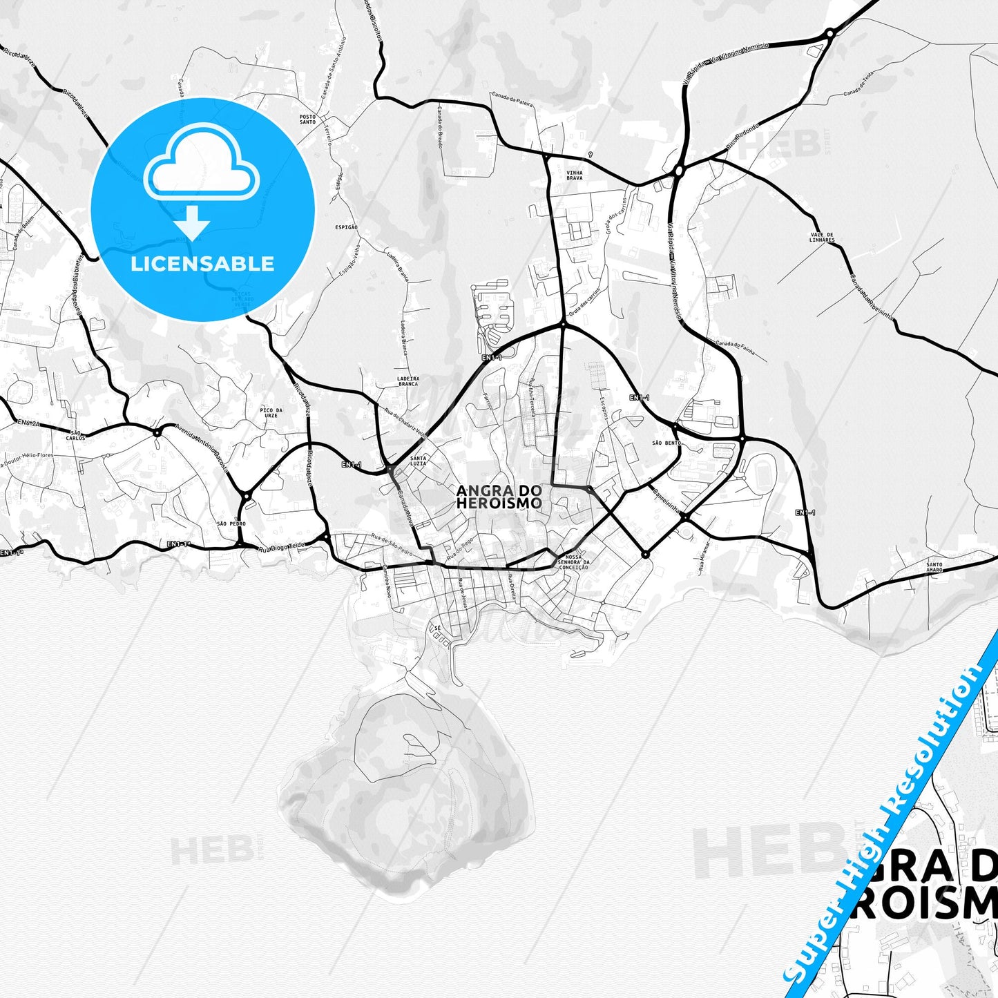 Angra do Heroísmo, Portugal Light Map with Street Names, City Names, and Districts