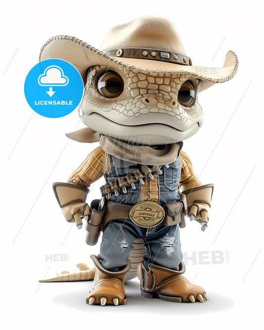 Anthropomorphic Alligator Cowboy Biker Cartoon Character, Isolated White Background, 3D Full-Body, Cowboy Hat and Boots, Vibrant Painting