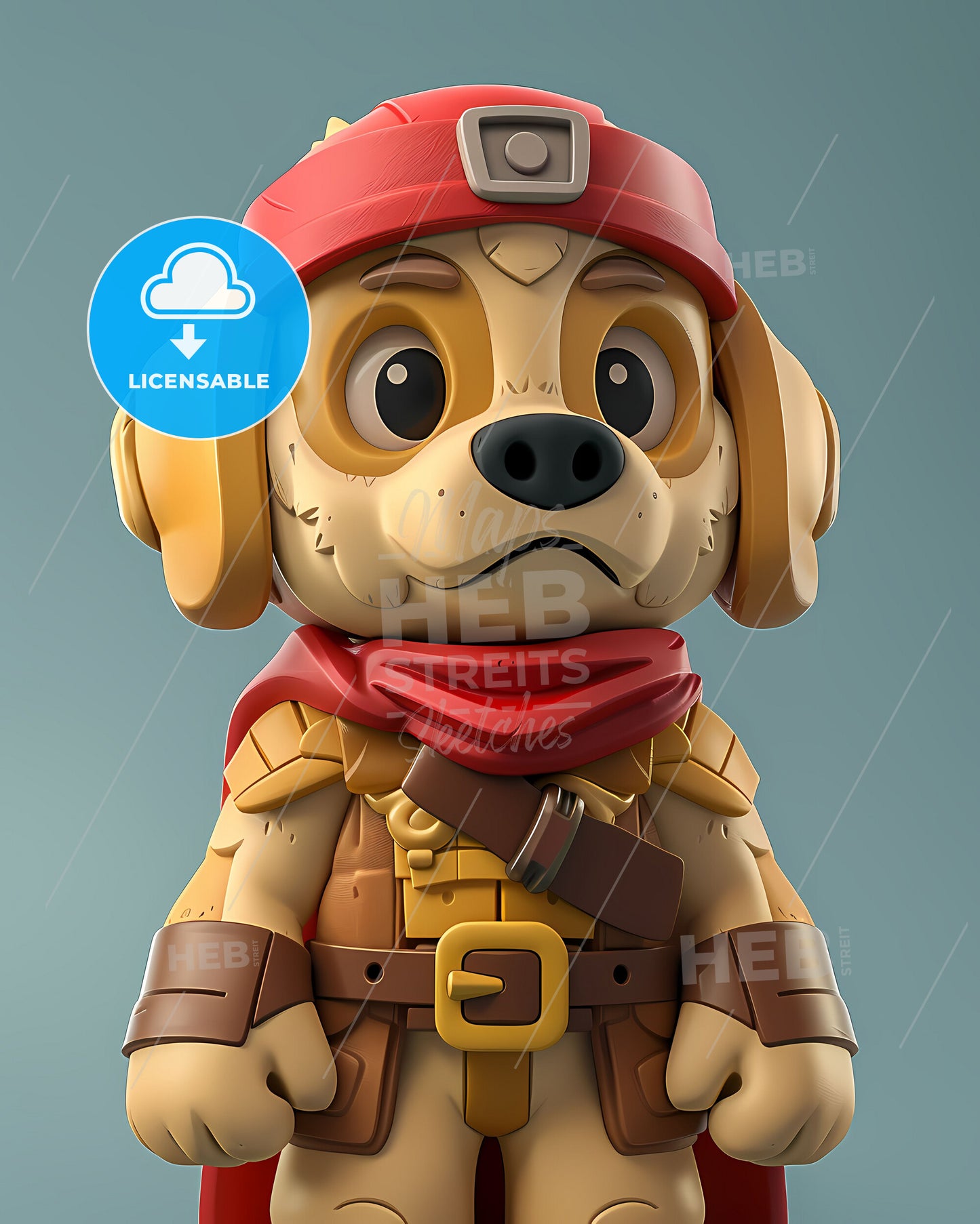 Vibrant 3D Character Art: Anthropomorphic Labrador Retriever Warrior with Vibrant Red Bandana and Scarf, Standing on Two Legs, Isolated on White Background
