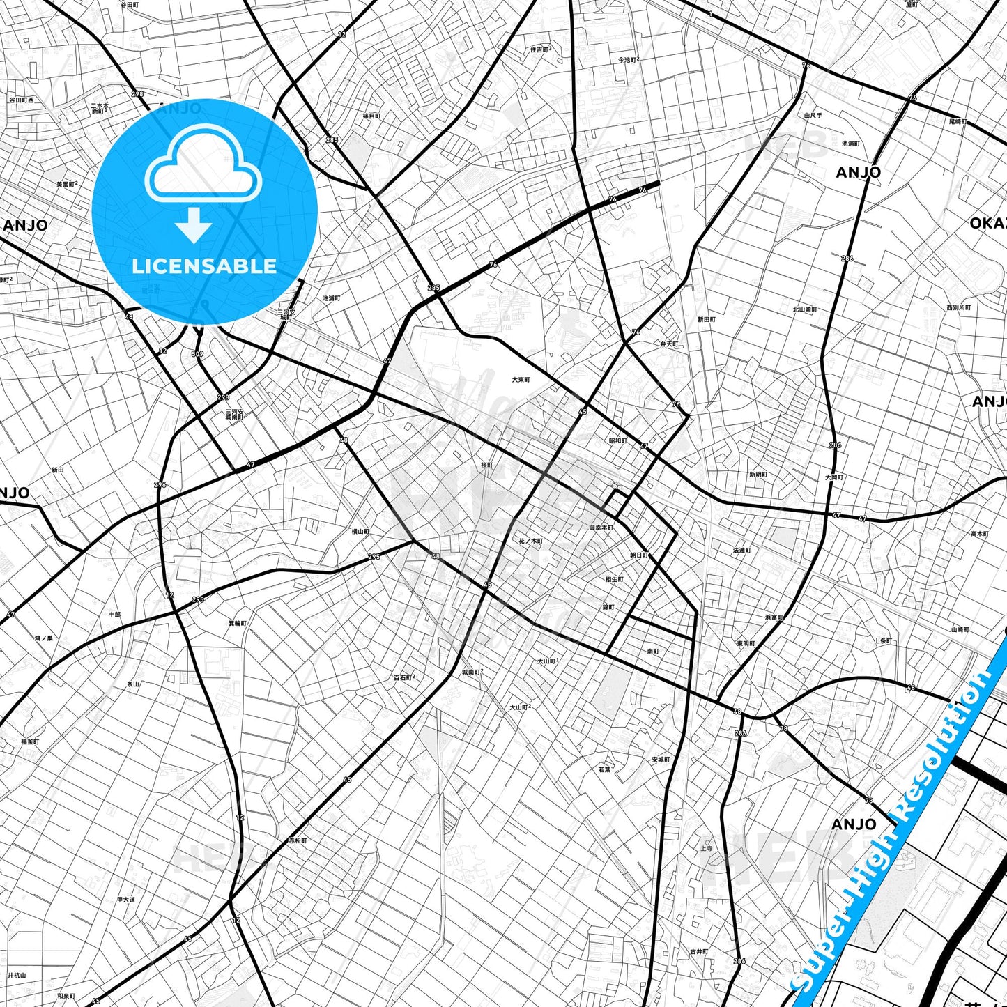 Anjō, Japan Light Map with Street Names, City Names, and Districts