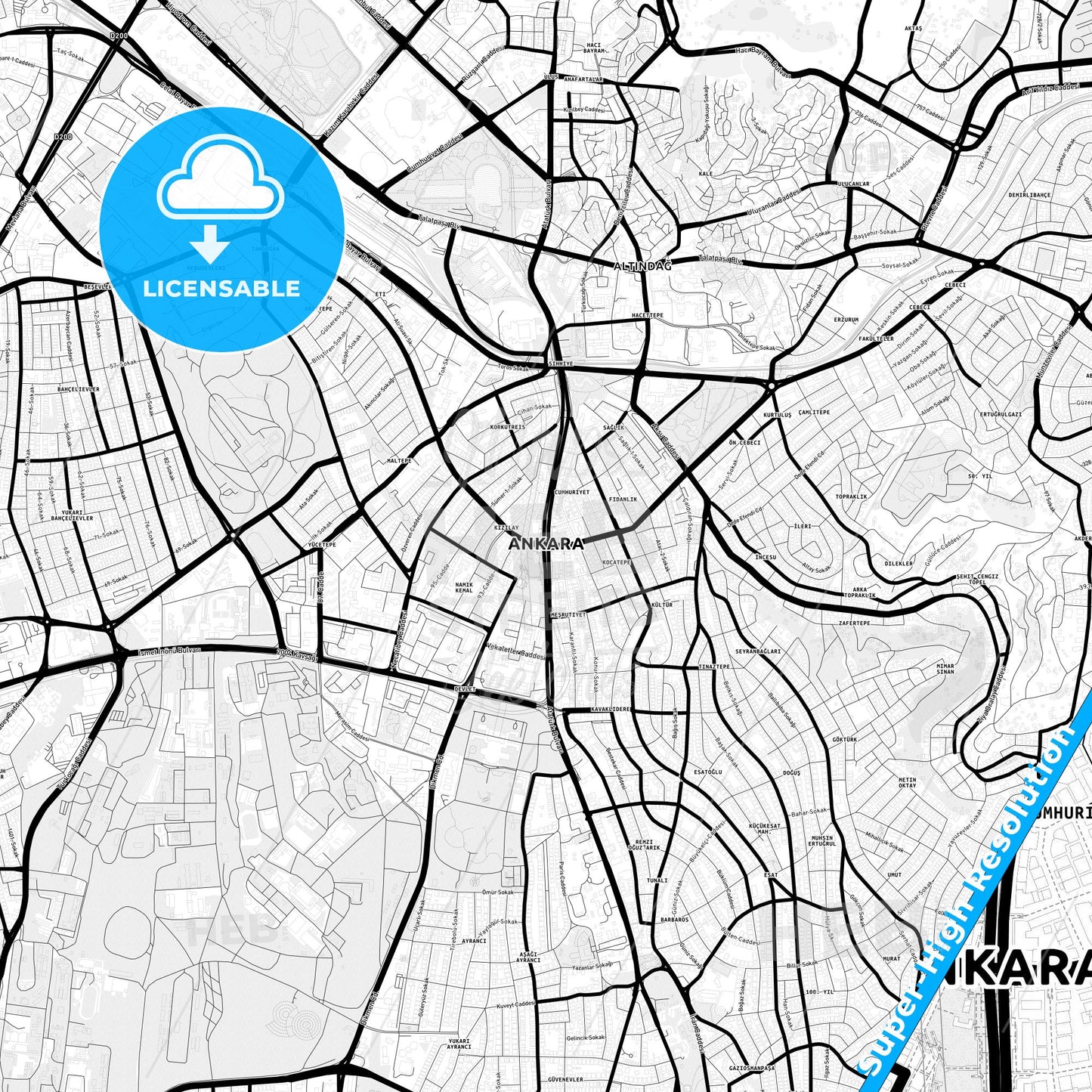 Ankara, Turkey Light Map with Street Names, City Names, and Districts