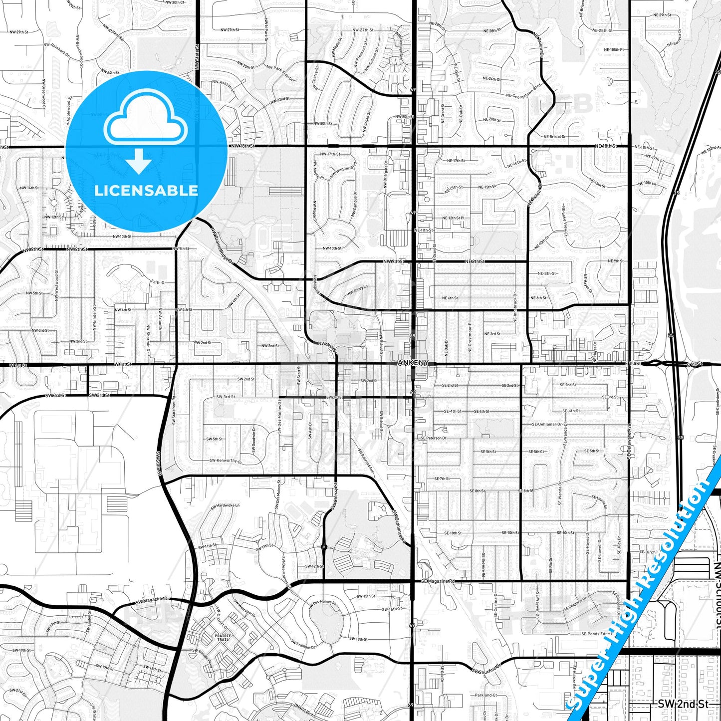 Ankeny, Iowa Light Map with Street Names, City Names, and Districts