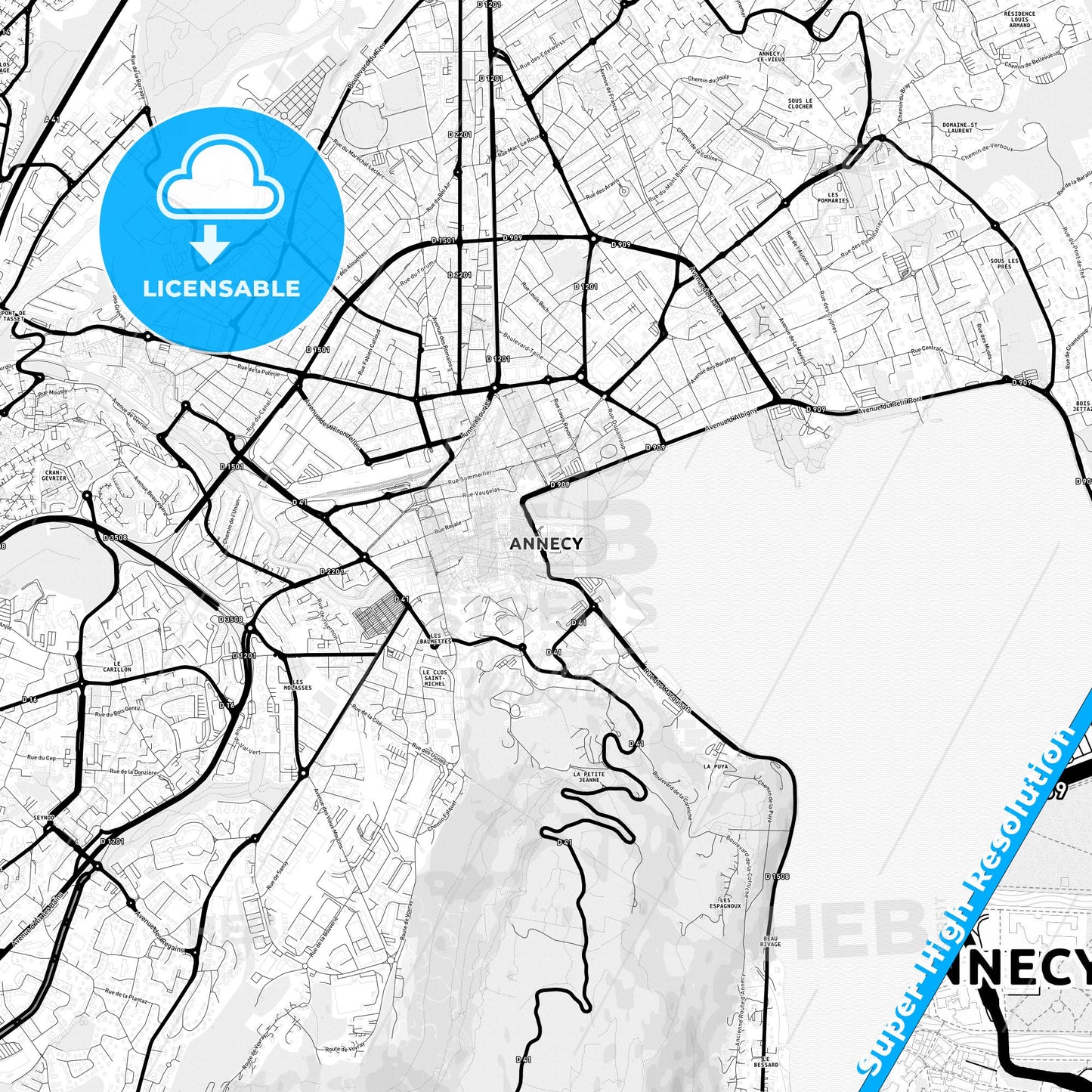 Annecy, France Light Map with Street Names, City Names, and Districts