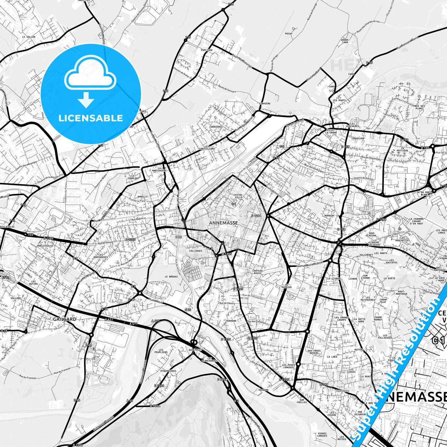Annemasse, France Light Map with Street Names, City Names, and Districts
