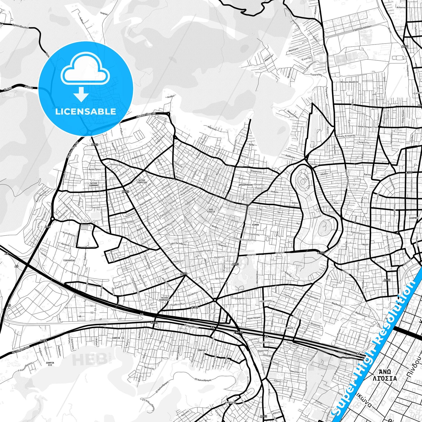 Ano Liosia, Greece Light Map with Street Names, City Names, and Districts