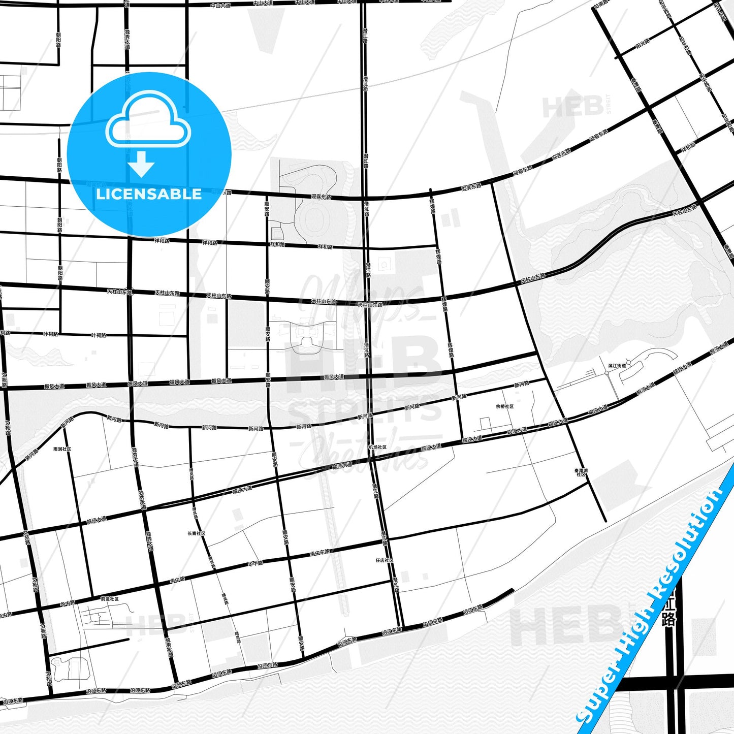 Anqing, China Light Map with Street Names, City Names, and Districts
