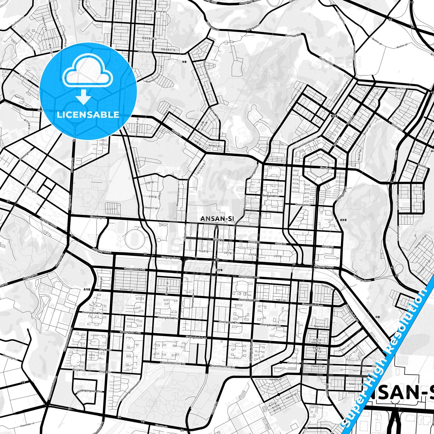 Ansan, South Korea Light Map with Street Names, City Names, and Districts