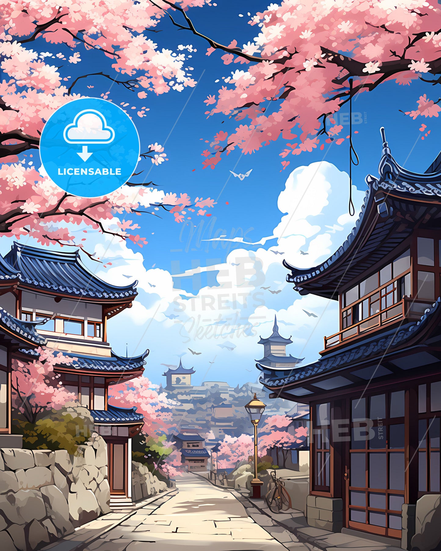 Ansan South Korea Cityscape Watercolor Painting - Street View with Vibrant Buildings and Cherry Blossoms