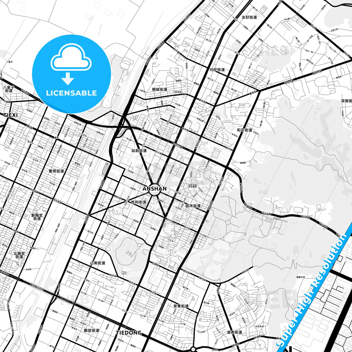 Anshan, China Light Map with Street Names, City Names, and Districts