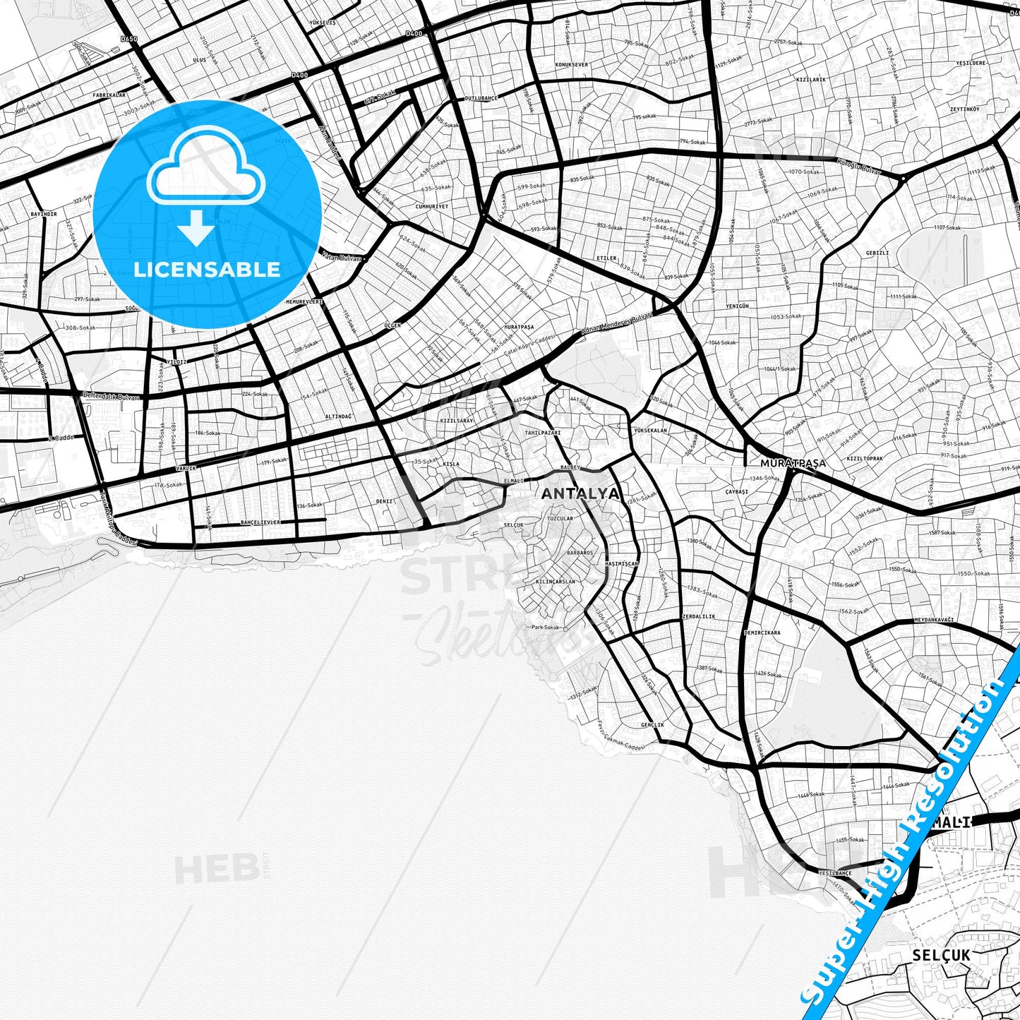 Antalya, Turkey Light Map with Street Names, City Names, and Districts