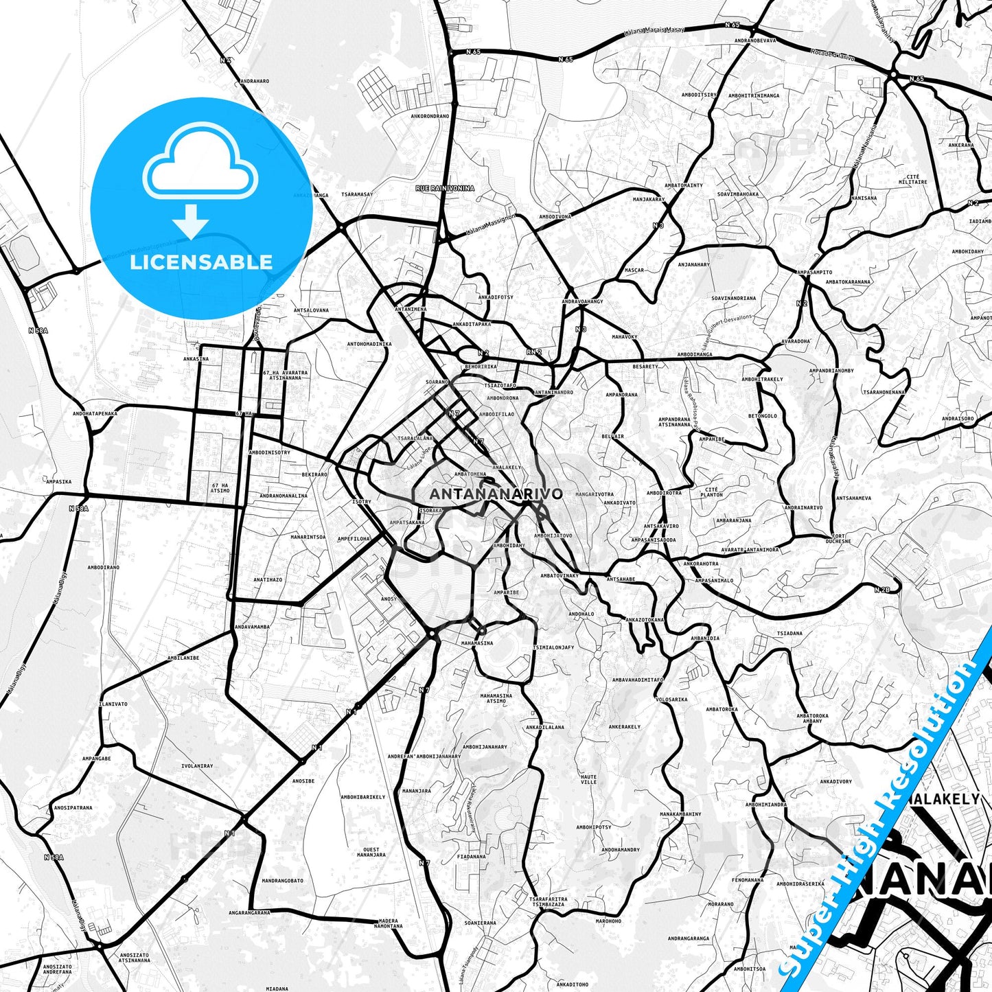 Antananarivo, Madagascar Light Map with Street Names, City Names, and Districts