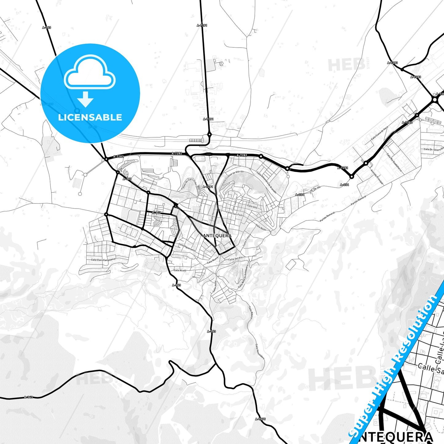 Antequera, Spain Light Map with Street Names, City Names, and Districts
