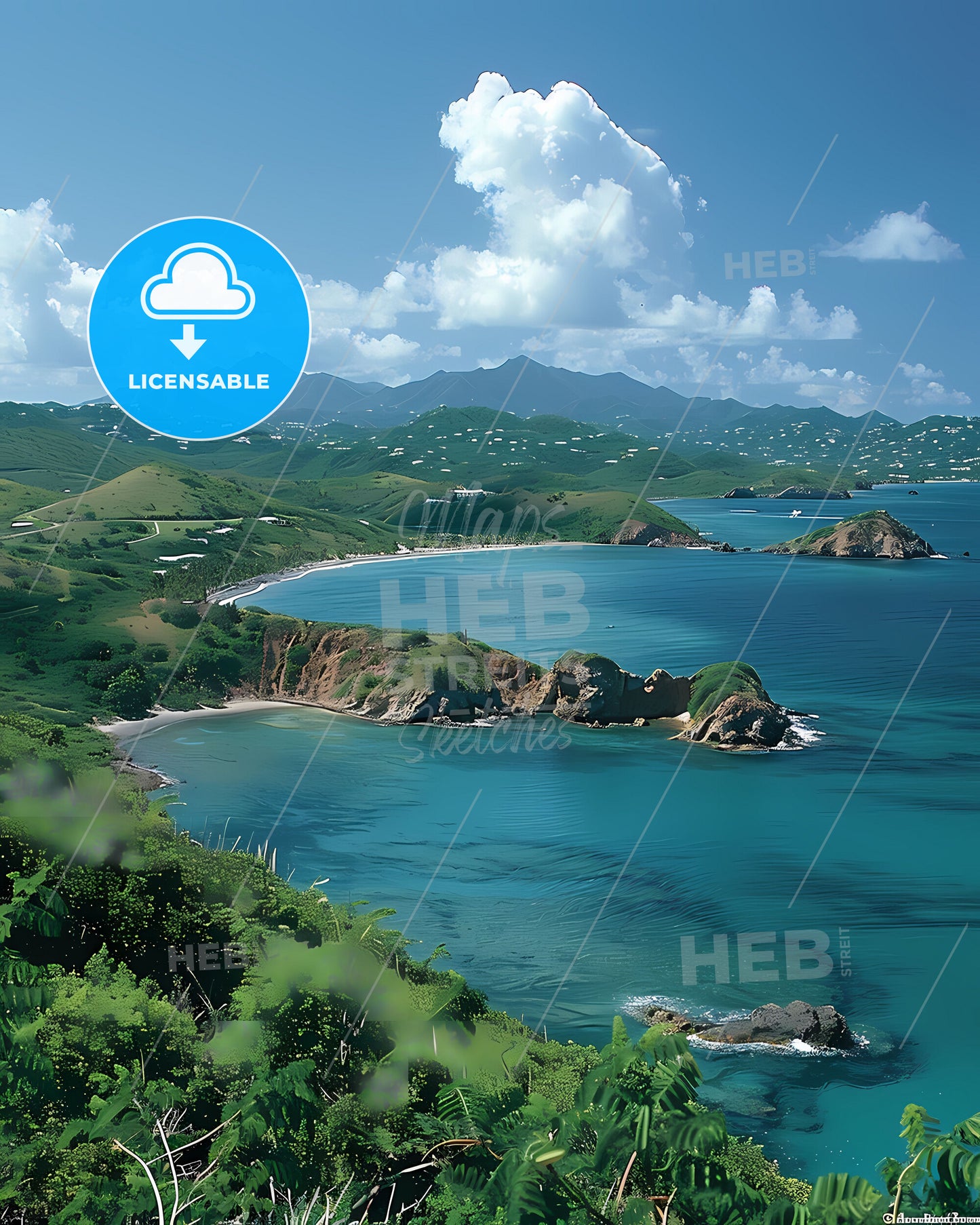 Vibrant Artistic Painting Featuring Antigua and Barbuda, North America Landscape with Water, Hills, and Land