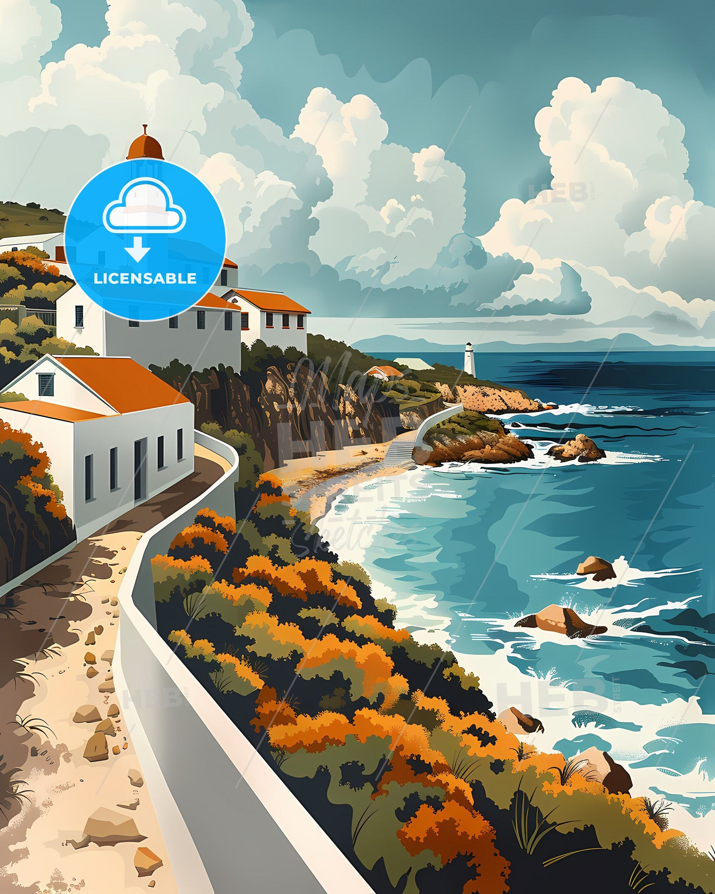 Vibrant Painting Depicting Antigua and Barbuda, North America: White Buildings Perched on Cliff by Ocean
