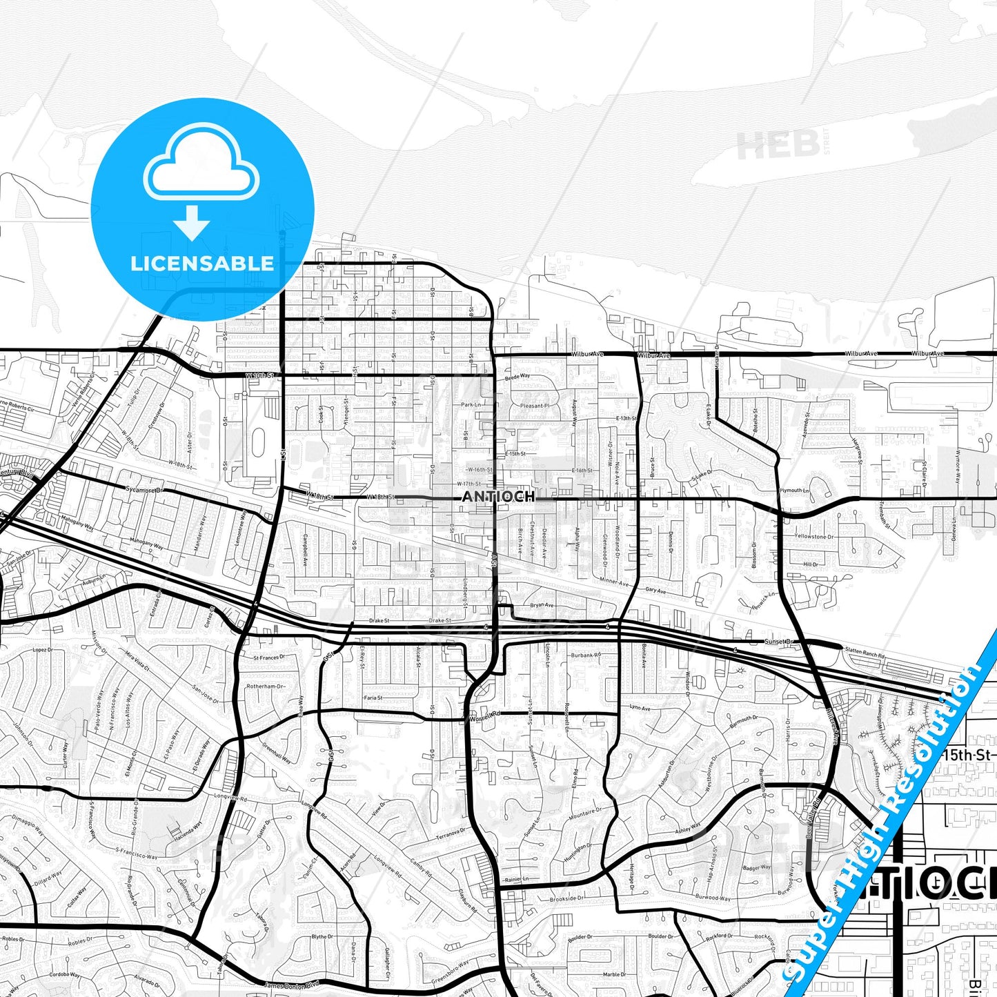 Antioch, California Light Map with Street Names, City Names, and Districts
