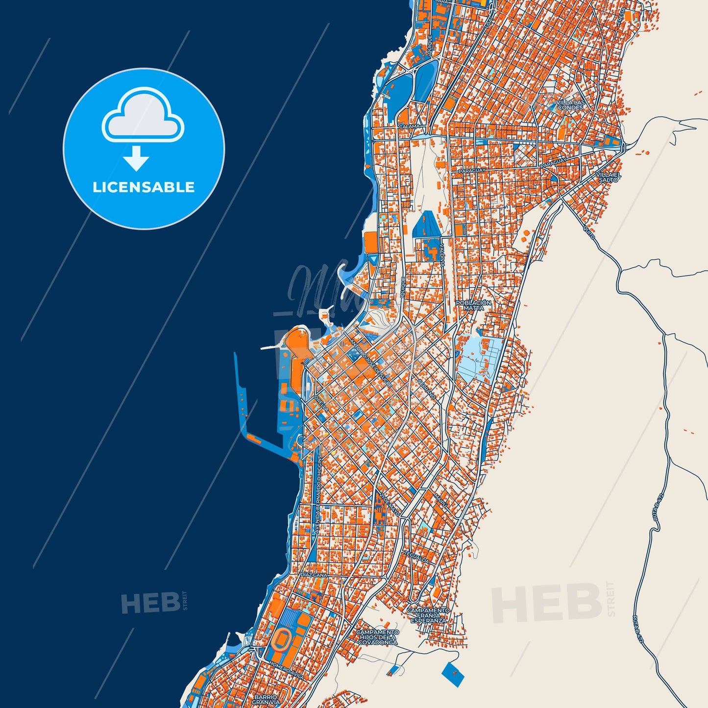 Colorful Antofagasta Street Map with Labels and Buildings