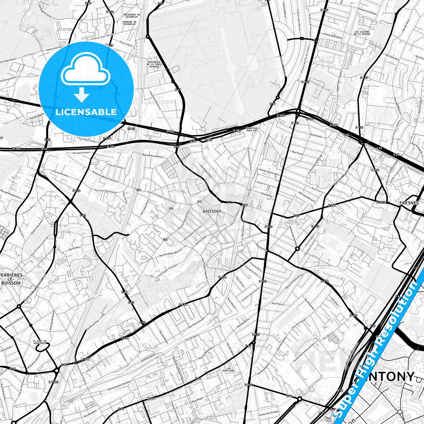Antony, France Light Map with Street Names, City Names, and Districts