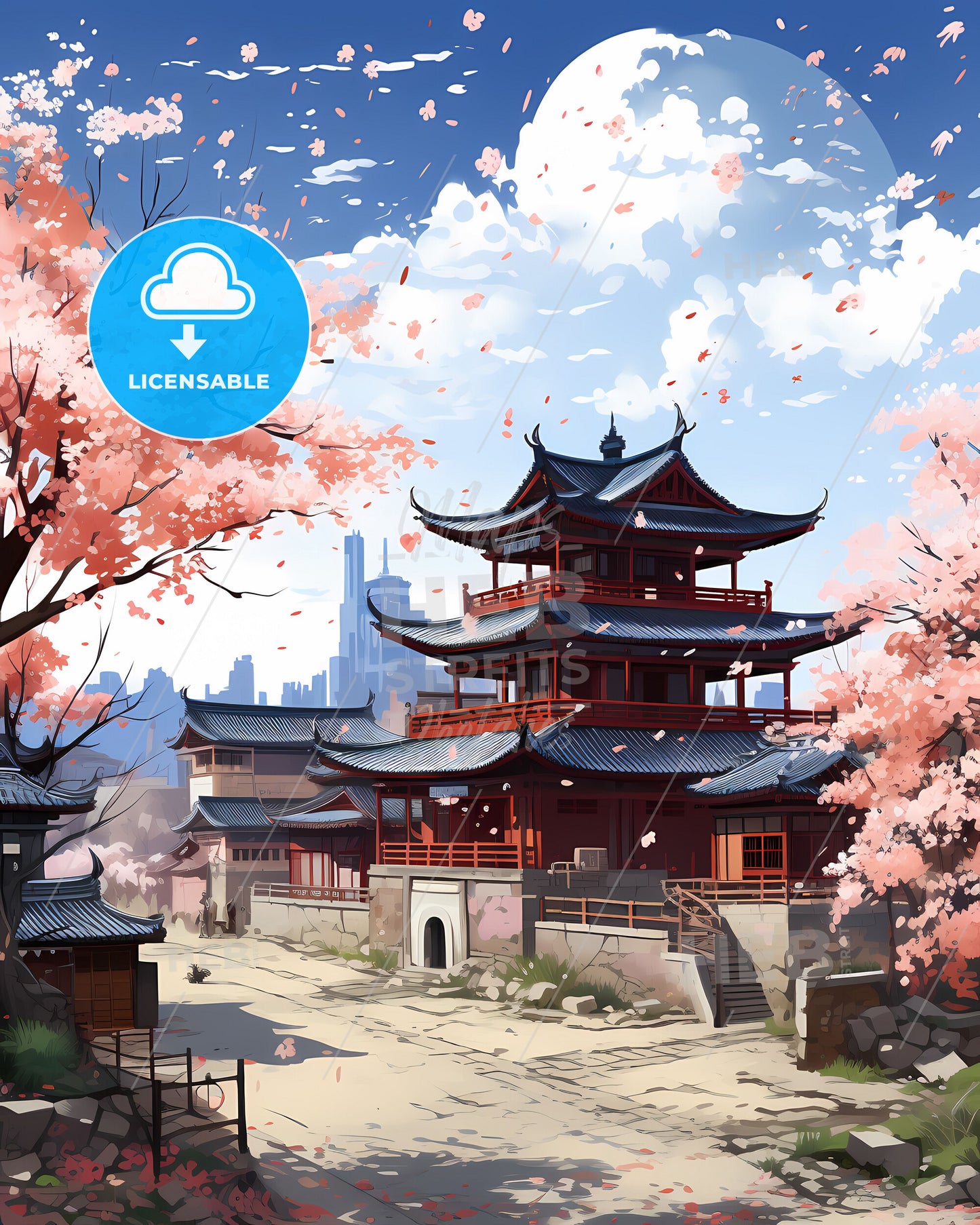 Anyang Cityscape Painting: Vibrant Tower Skyline with Trees and Art Focus