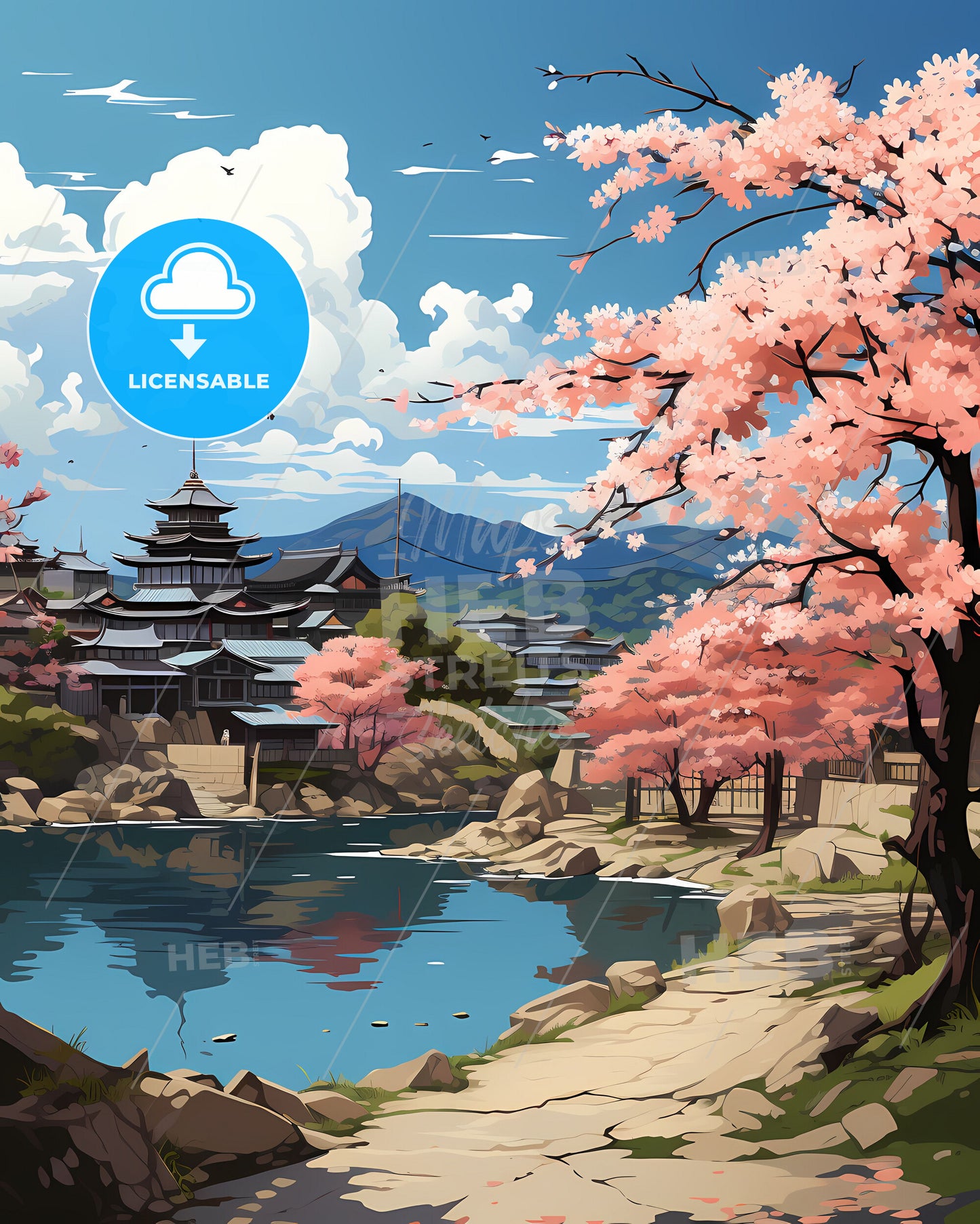 Artistic Landscape Painting of Anyang China Skyline with Lake, Building, and Trees