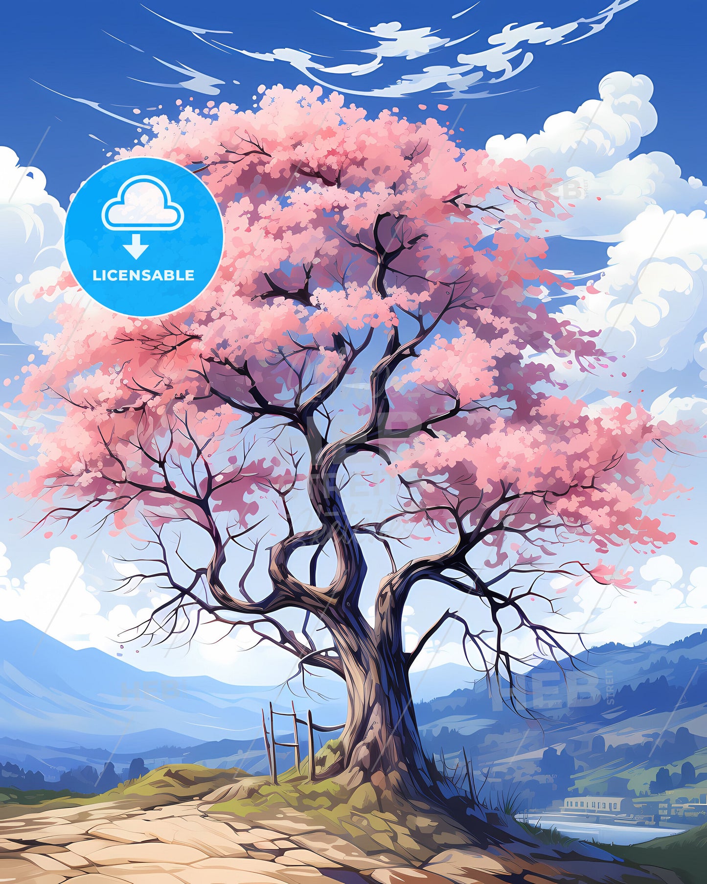 Vibrant Art Painting of Anyang South Korea Skyline Featuring Pink Flowering Tree