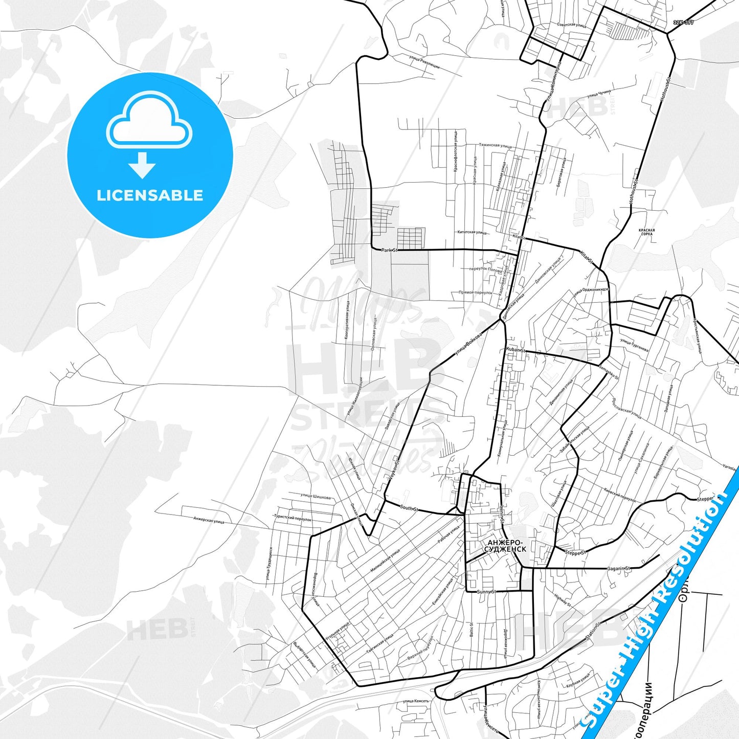 Anzhero-Sudzhensk, Russia Light Map with Street Names, City Names, and Districts
