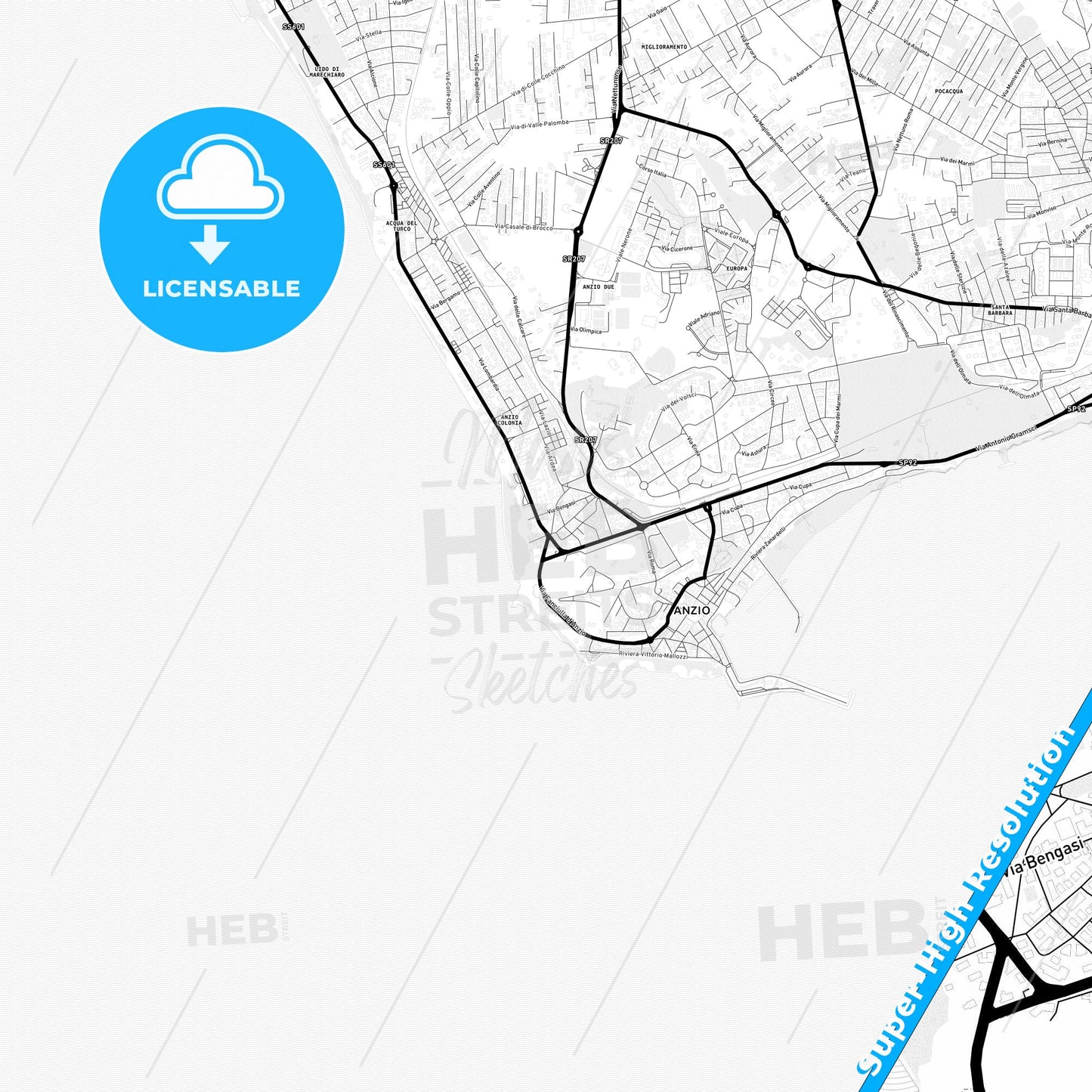 Anzio, Italy Light Map with Street Names, City Names, and Districts