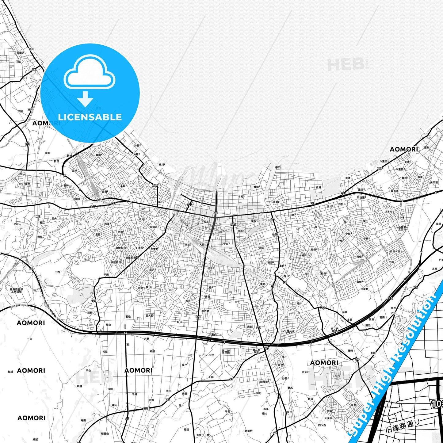 Aomori, Japan Light Map with Street Names, City Names, and Districts