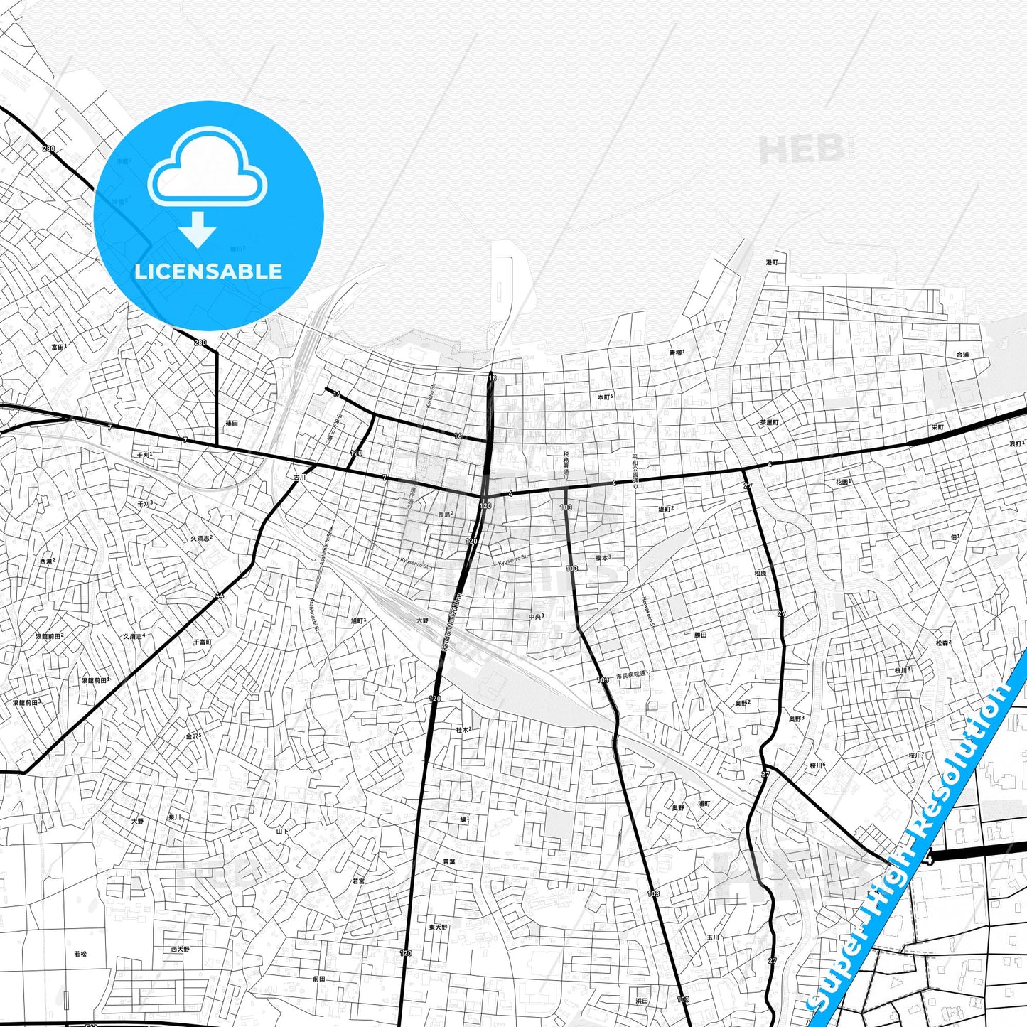Aomori, Japan Light Map with Street Names, City Names, and Districts