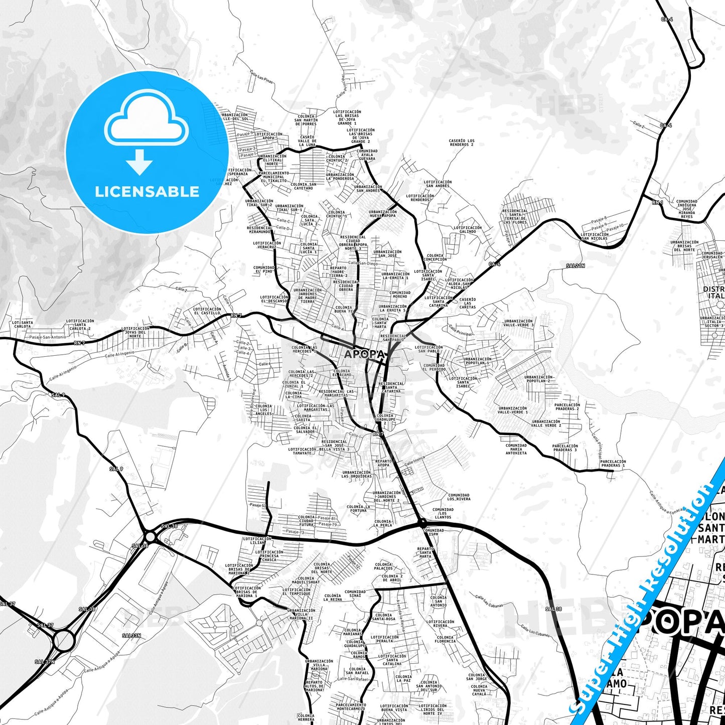Apopa, El Salvador Light Map with Street Names, City Names, and Districts