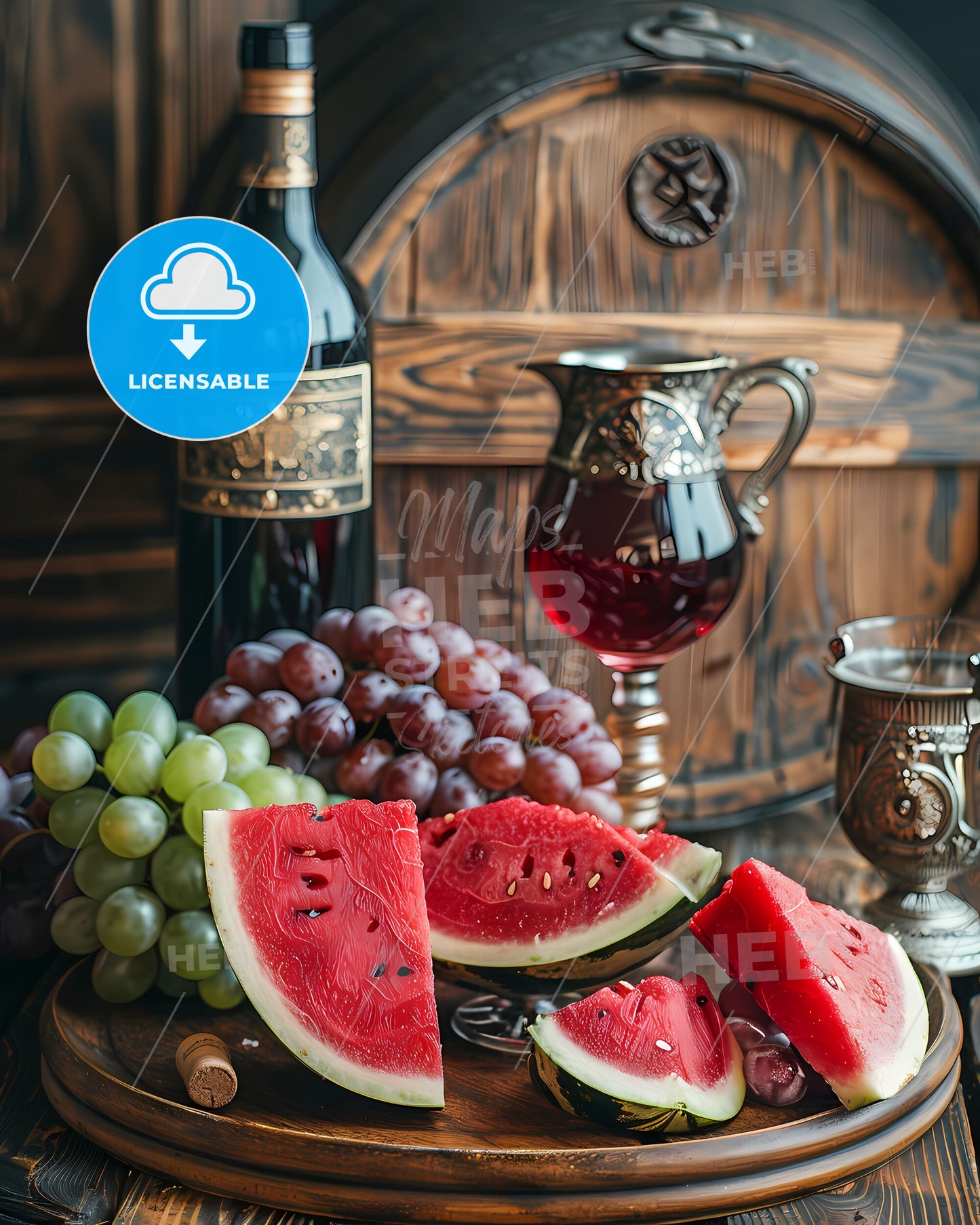Enticing Fruit Art: Captivating Painting of Watermelon Slices and Grapes on Antique Table