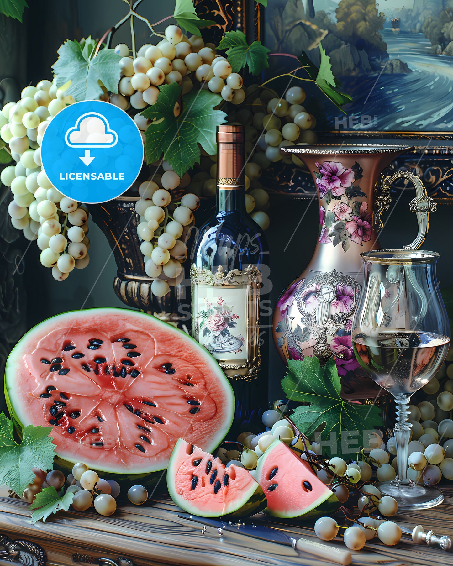 Charming Painting: Still Life with Fruit and Wine, Artistic Decor for Home and Office, Digital Art Download, Printable Wall Decor, Vintage Still Life, Rustic Artwork, Hand-Painted Digital Creation