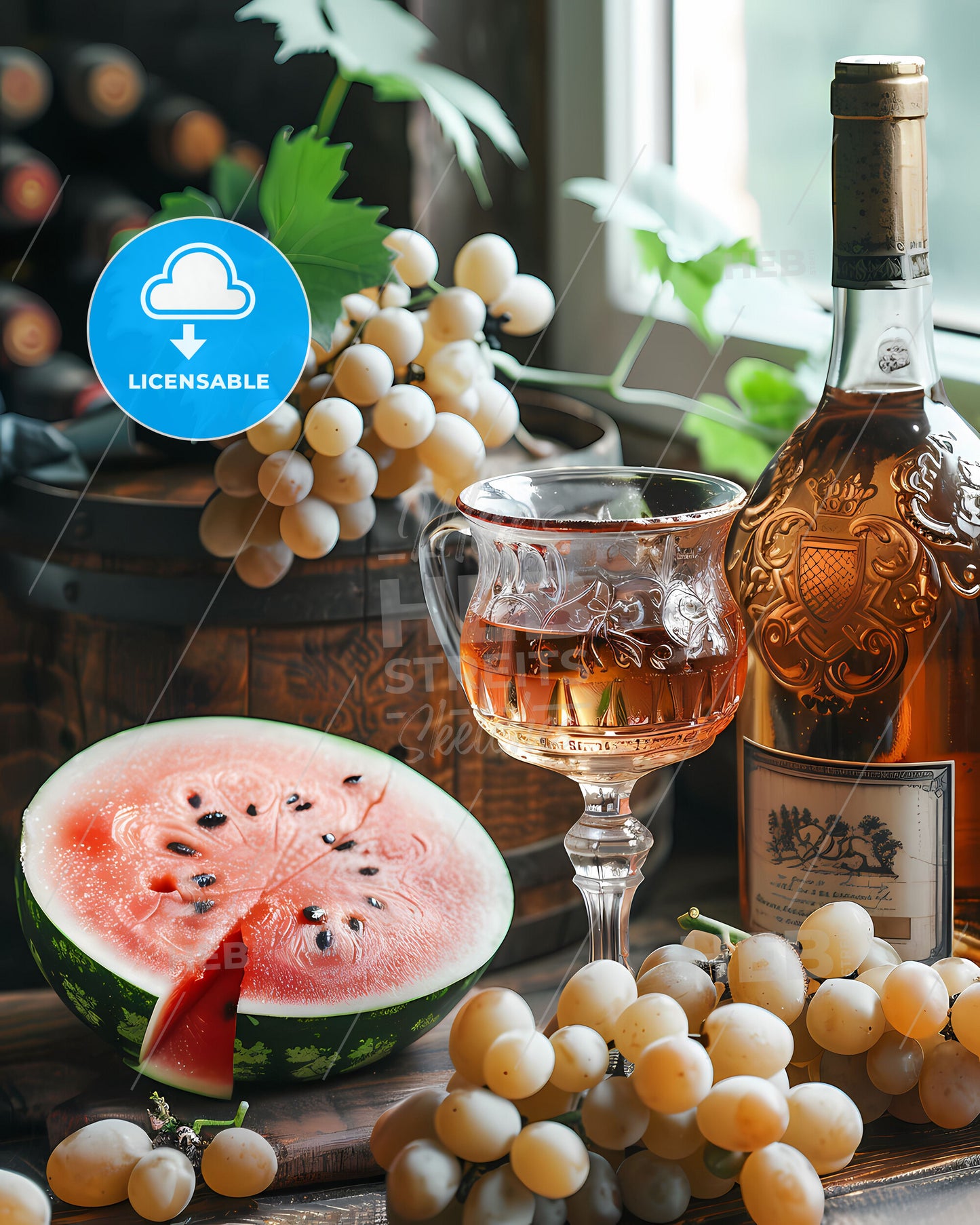 Vibrant Oil Painting Depicting an Appetizing Still Life with Wine and Fruit on an Aged Wooden Table