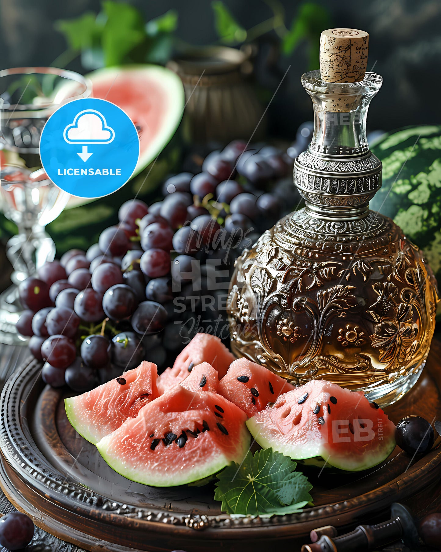 Artsy Painting Still Life on Vintage Wood: Fruit Platter, Liquor Bottle