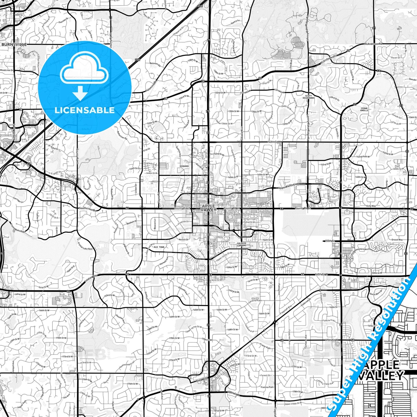 Apple Valley, Minnesota Light Map with Street Names, City Names, and Districts