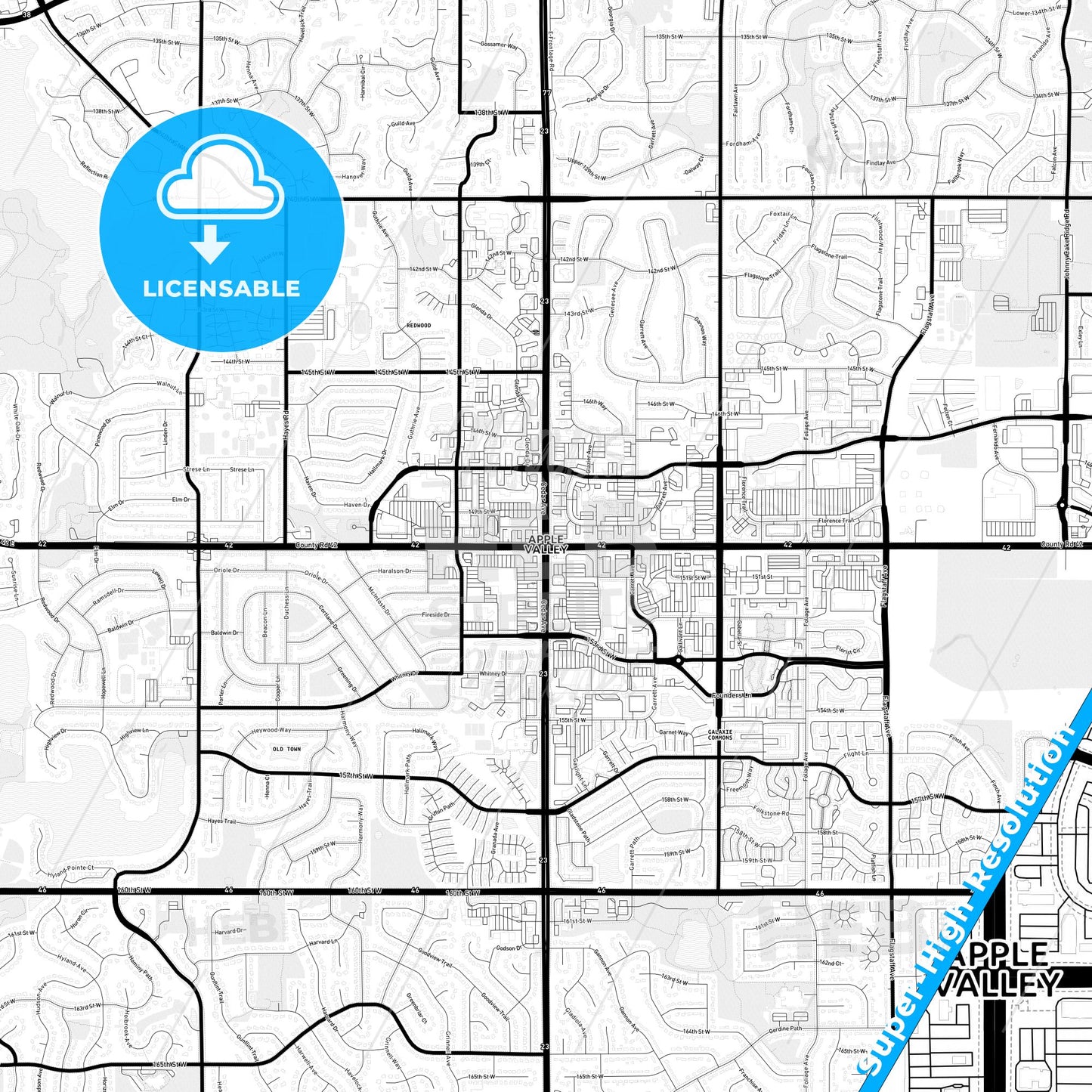 Apple Valley, Minnesota Light Map with Street Names, City Names, and Districts
