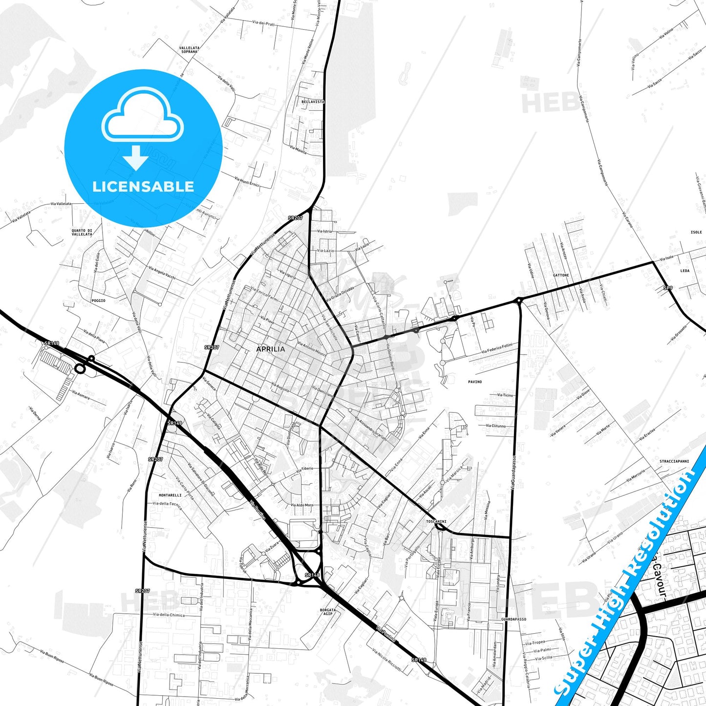 Aprilia, Italy Light Map with Street Names, City Names, and Districts