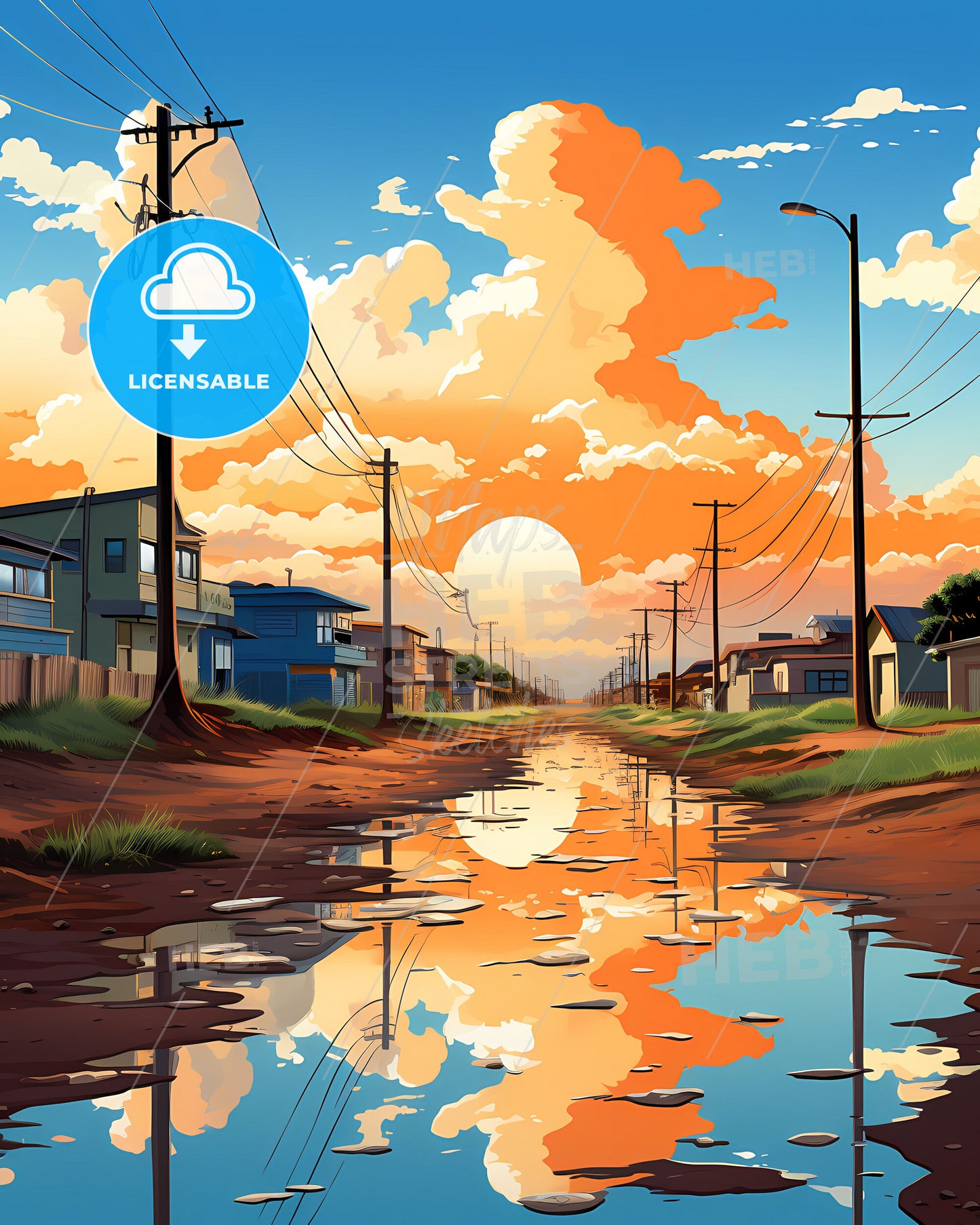 Aracaju Brazil Skyline Reflection Painting Water Puddle Houses Utility Lines