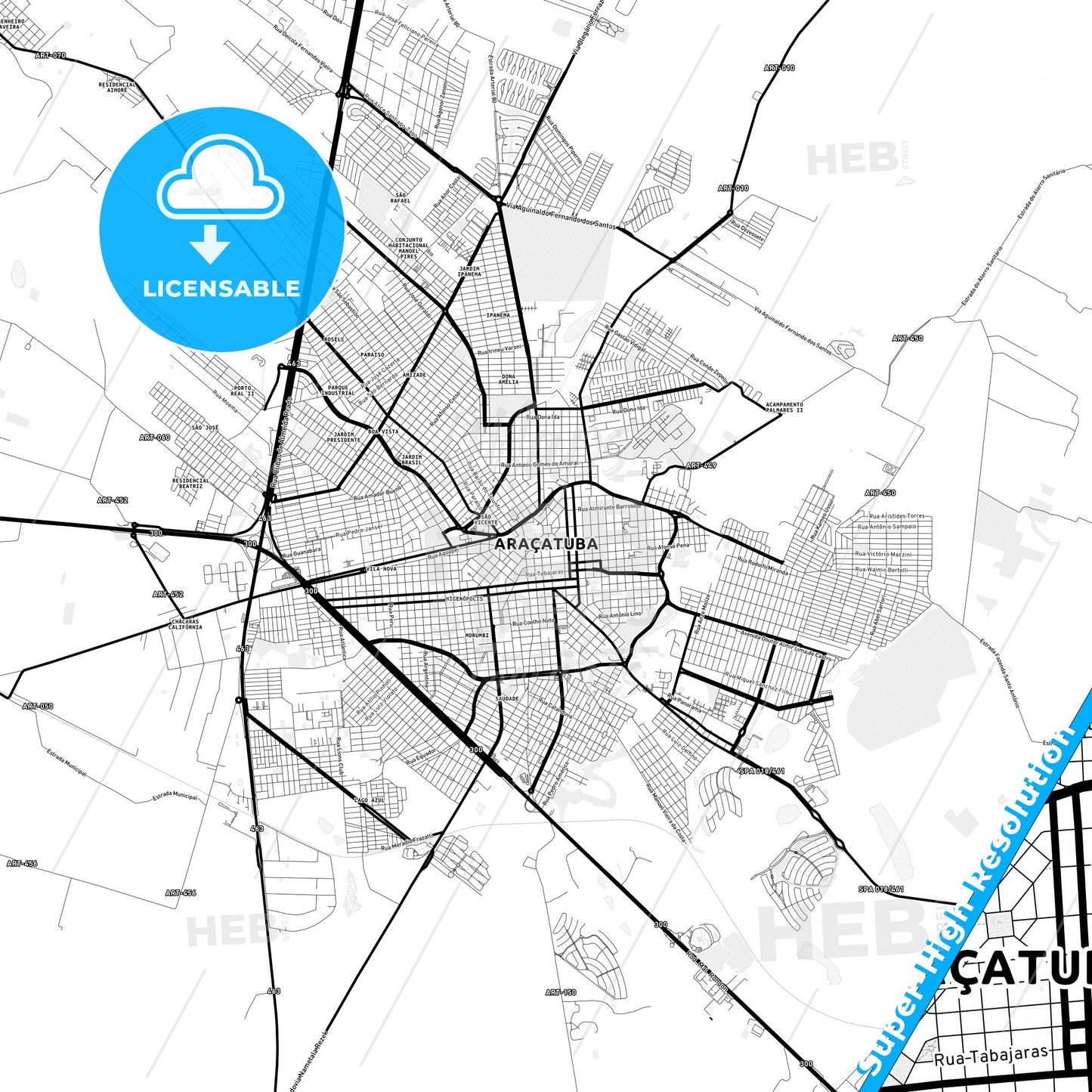Aracatuba, Brazil Light Map with Street Names, City Names, and Districts