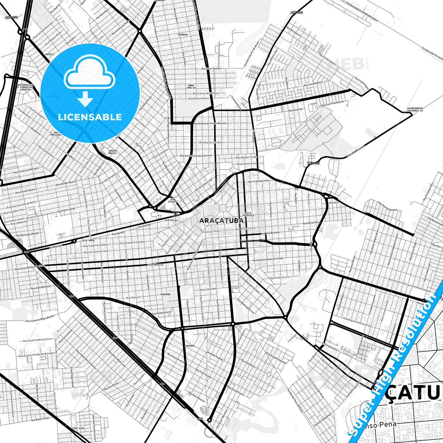 Aracatuba, Brazil Light Map with Street Names, City Names, and Districts