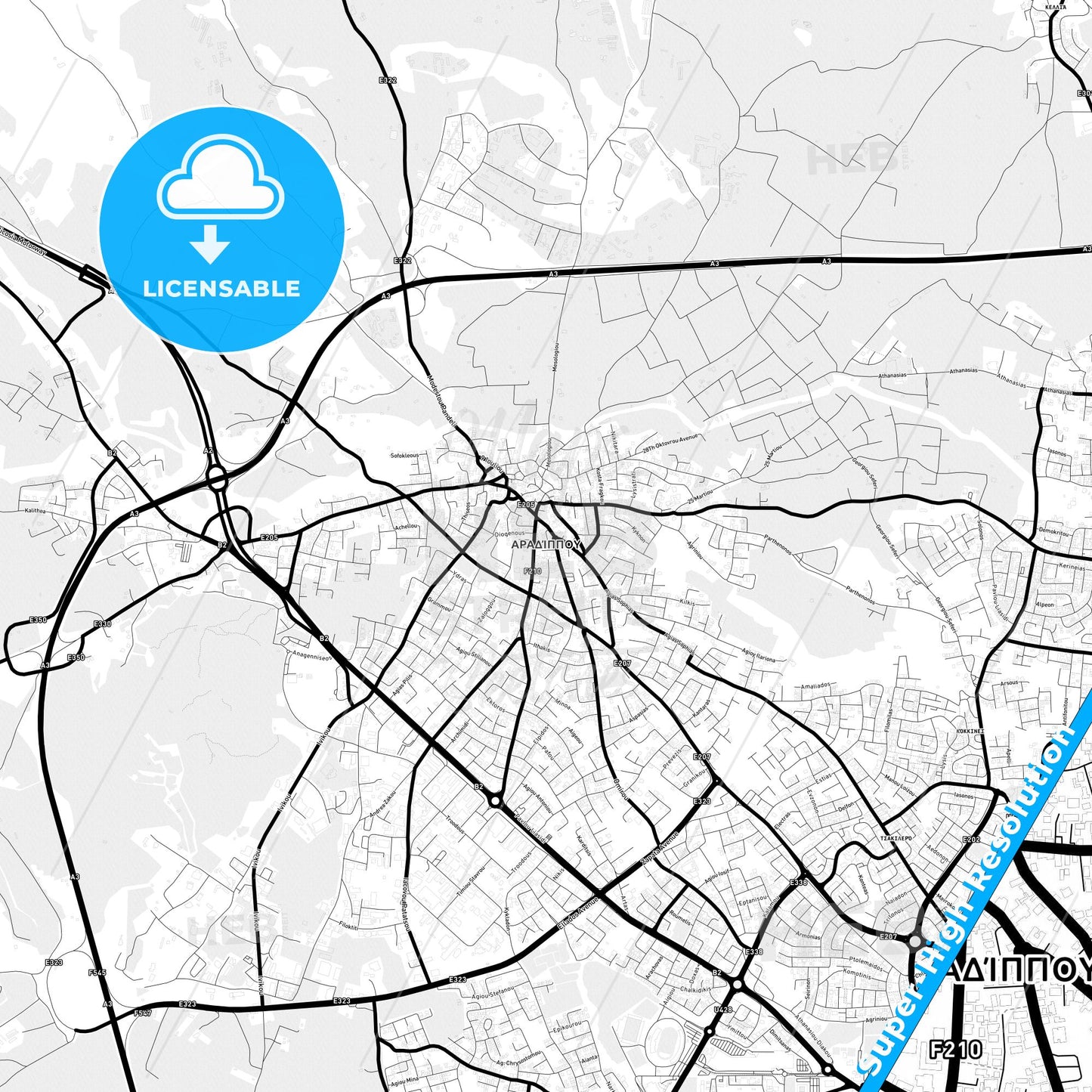 Aradíppou , Cyprus Light Map with Street Names, City Names, and Districts