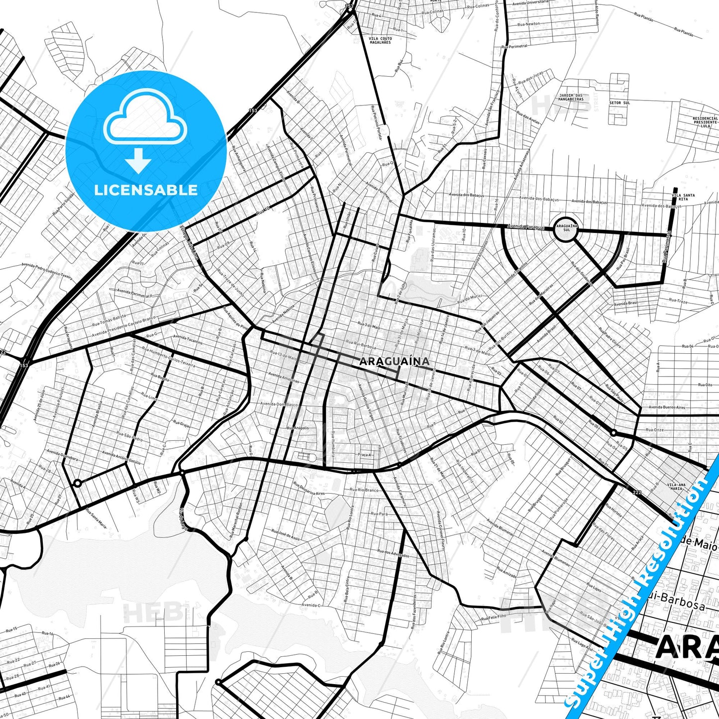 Araguaina, Brazil Light Map with Street Names, City Names, and Districts
