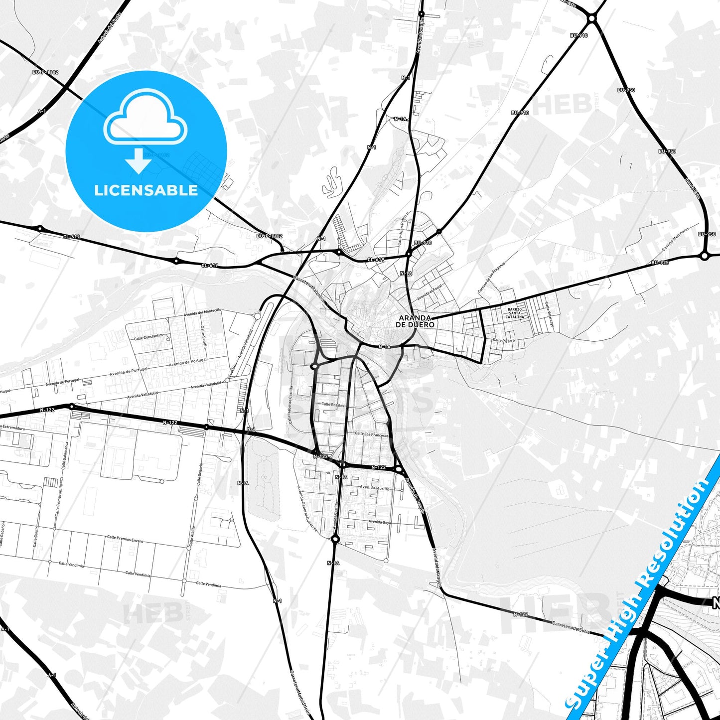 Aranda de Duero, Spain Light Map with Street Names, City Names, and Districts